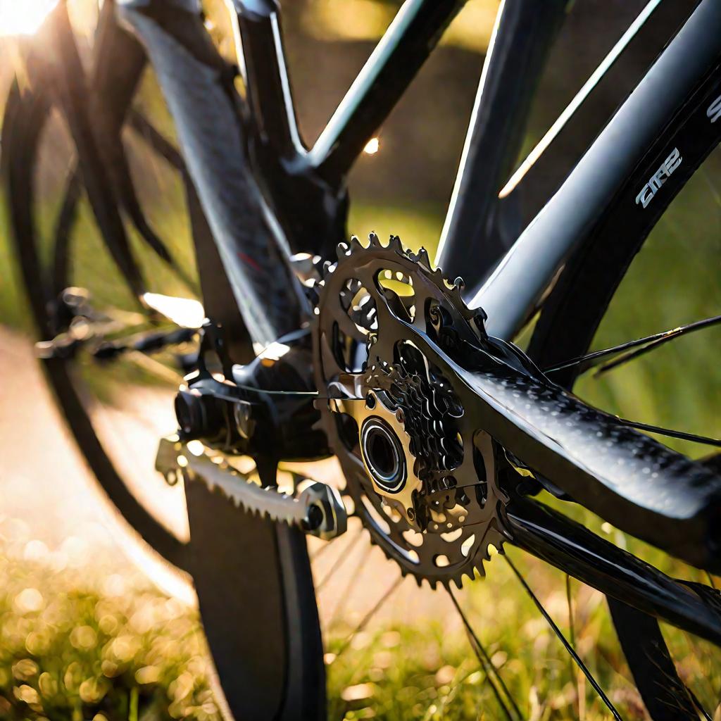 Близкий кадр заднего колеса велосипеда с кассетой на солнечном рассвете