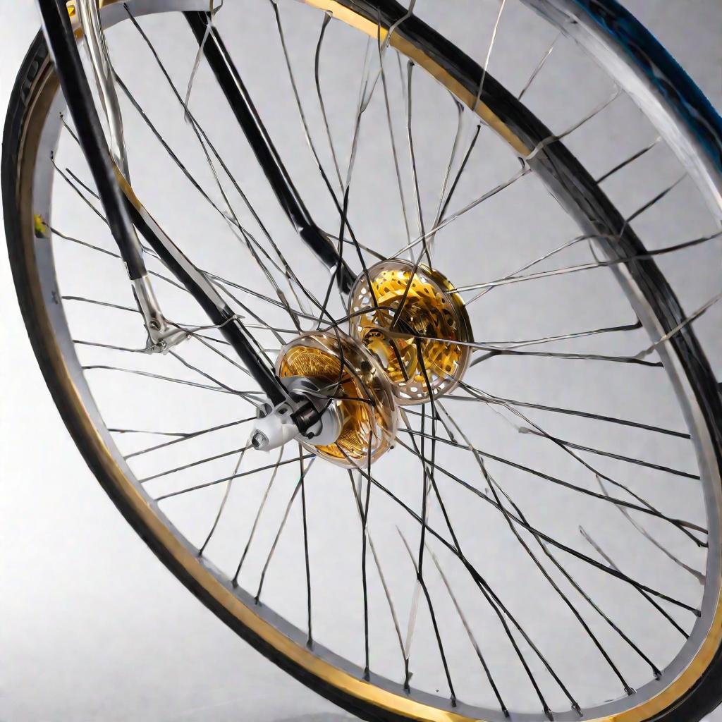 Колесо велосипеда в разрезе снизу-вверх на белом фоне