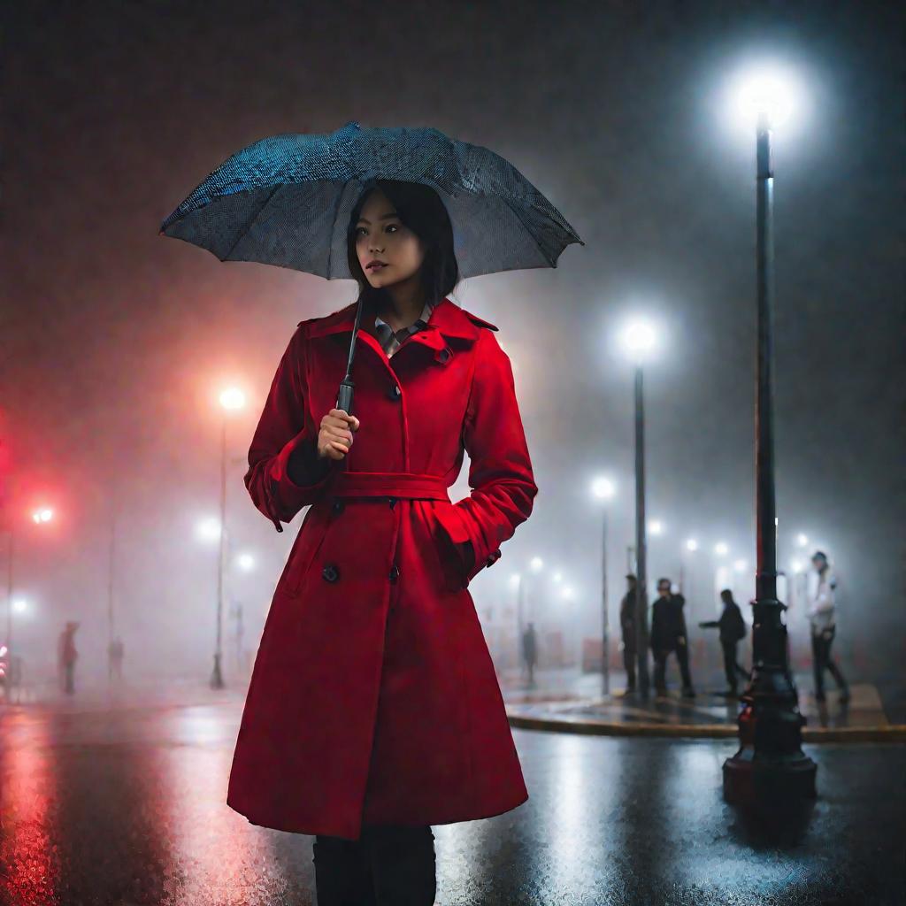 Молодая женщина-пешеход ждет возможности перейти проезжую часть на туманный вечер.