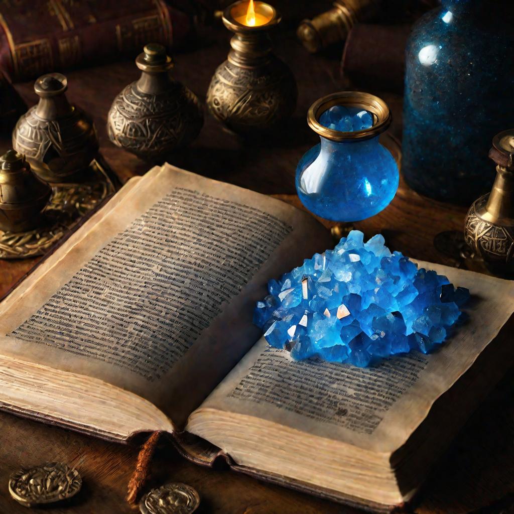Вид сверху на кристаллы медного купороса, лежащие на открытой старинной книге. Кристаллы светятся голубым светом. Видны сложные алхимические символы на пожелтевших страницах книги.