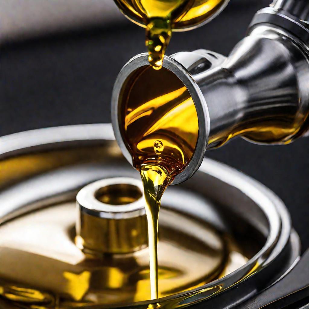 Крупный план как золотистое свежее синтетическое масло льется из стеклянной бутылки в двигатель