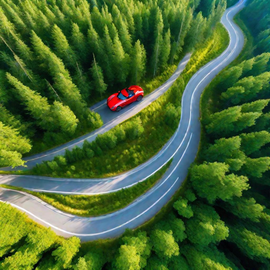 Вид сверху на извилистую дорогу сквозь зеленый лес в солнечный летний день. На переднем плане красный спортивный автомобиль едет по дороге, на его отполированной поверхности переливается солнечный свет
