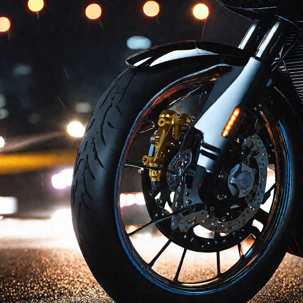 Переднее колесо мотоцикла Racer Panther на ночной улице.