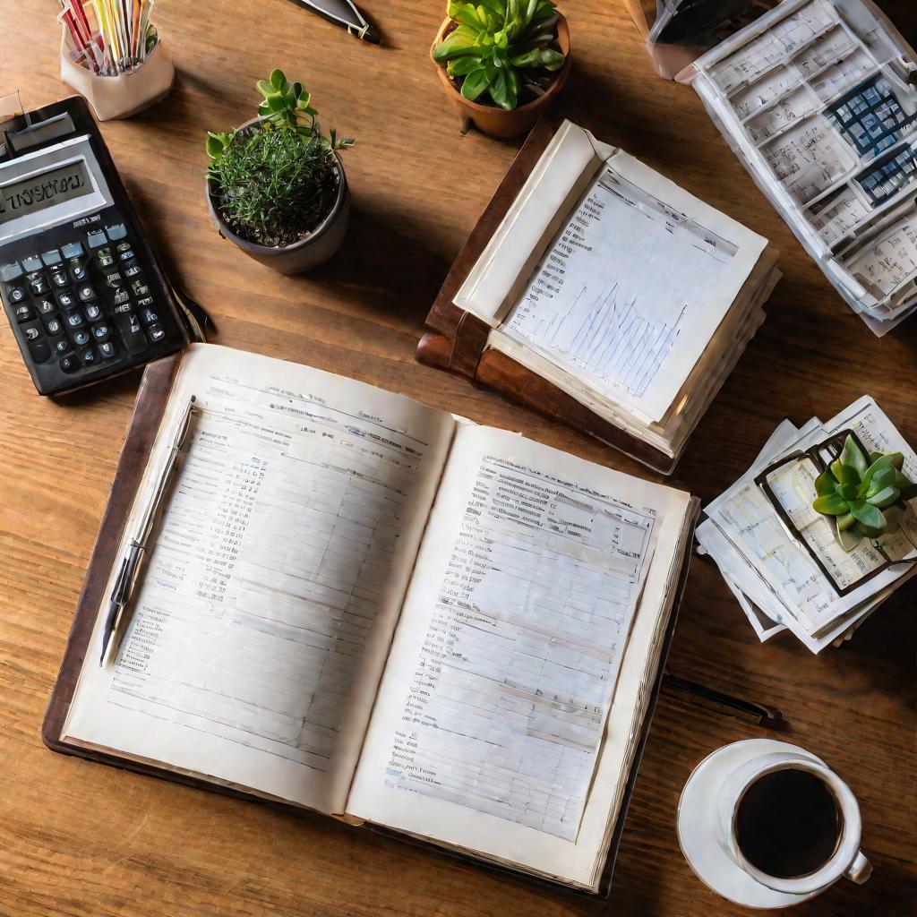 Вид сверху на открытую бухгалтерскую книгу на рабочем столе с финансовыми расчетами