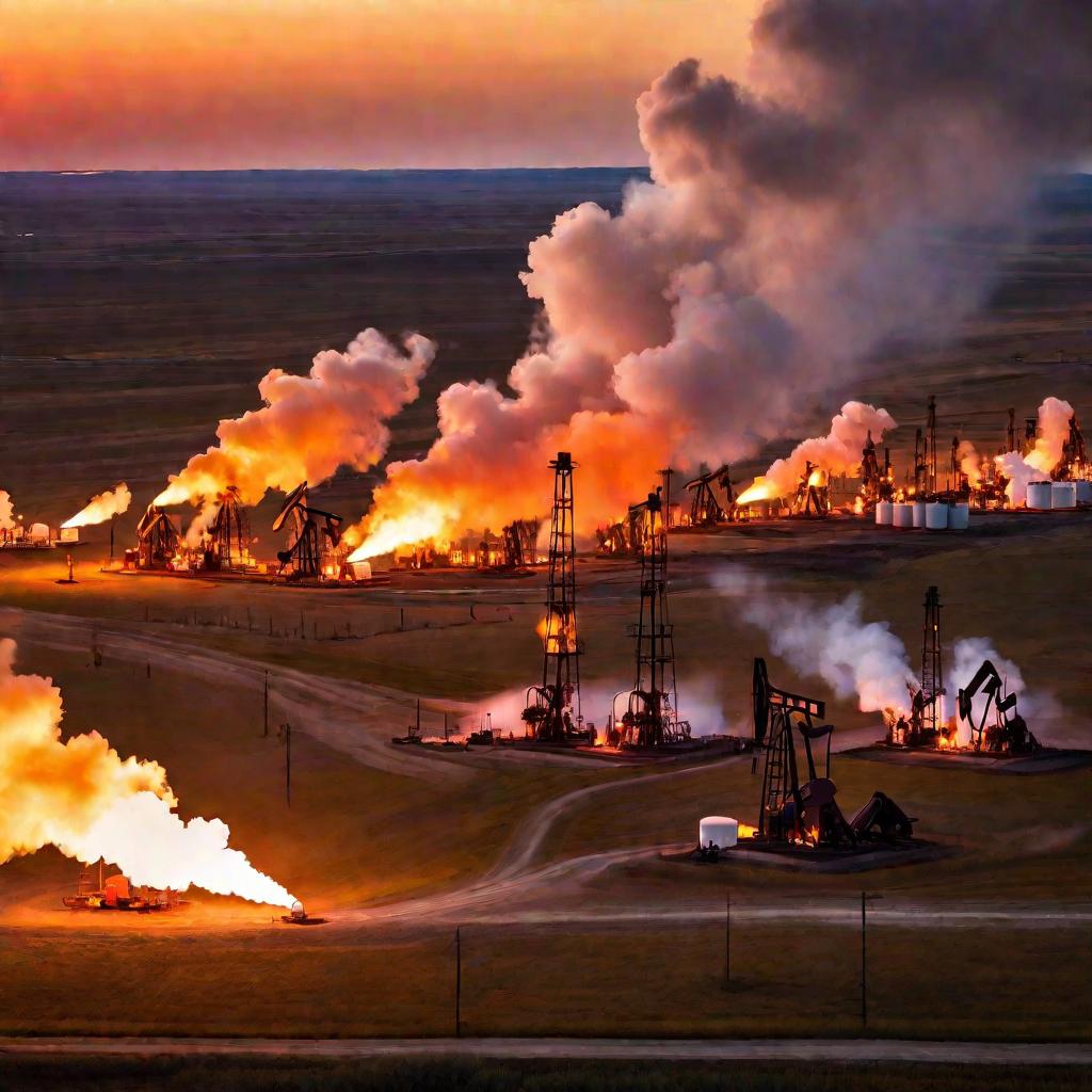 Нефтяное месторождение на закате.