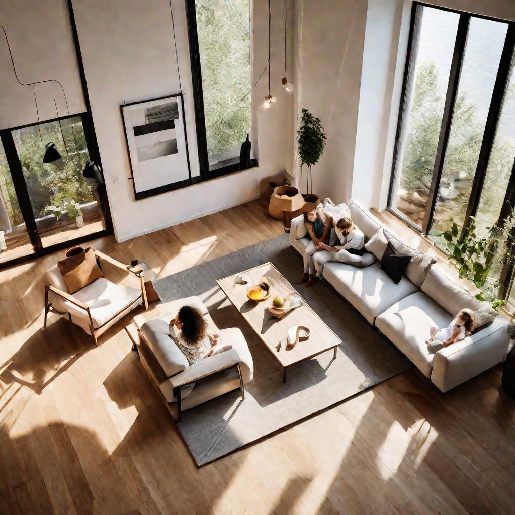 Вид сверху на семью, отдыхающую в гостиной их новой современной квартиры в солнечное утро. Большие окна обеспечивают естественное освещение. Современный минималистический декор, деревянные полы, новая мебель. Яркая, спокойная, веселая атмосфера.