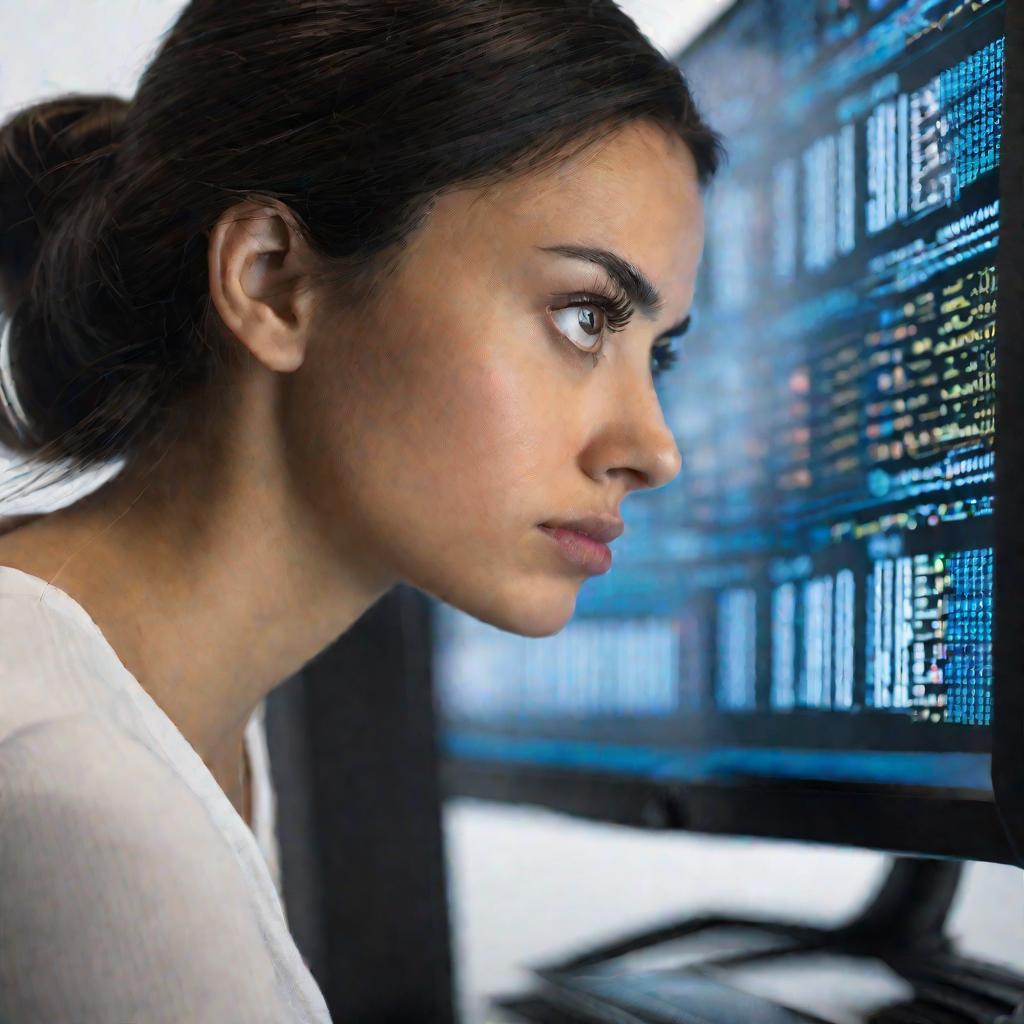Портрет девушки, изучающей данные на экране компьютера