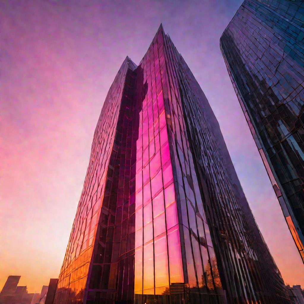 Широкий вид с высоты на современное стеклянное офисное здание на восходе солнца. Здание отражает яркий теплый утренний свет, светясь оранжевыми и розовыми оттенками. На заднем плане темные силуэты других высотных строений вырисовываются на туманном голубо