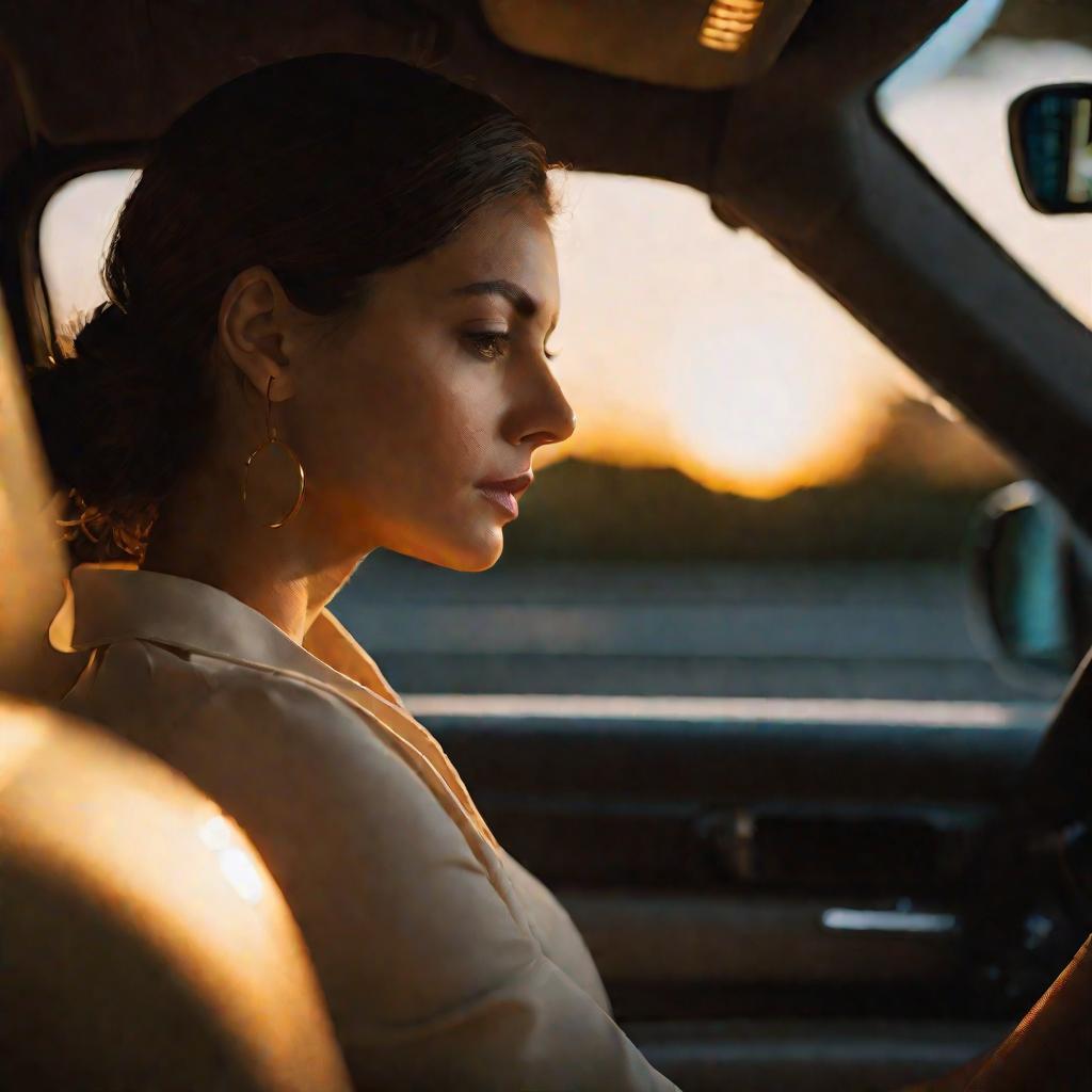 Женщина в сумерках внимательно смотрит на экран автомобильного навигатора