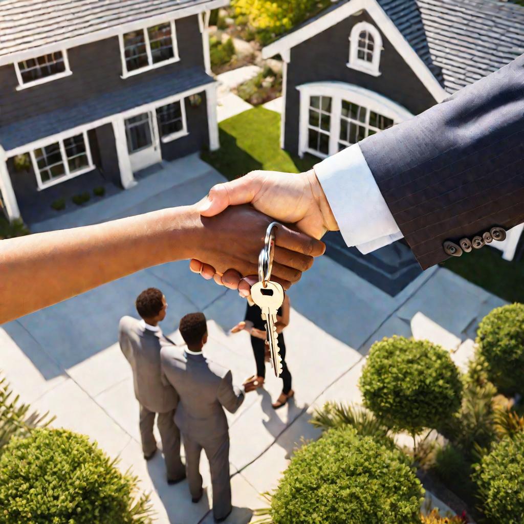 Вид сверху на руку риэлтора с ключами от дома, пожимающую руки улыбающейся молодой пары перед проданным домом в солнечный день