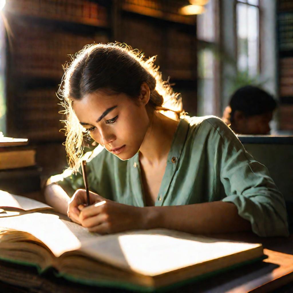Девушка-студентка изучает доказательство теоремы Ролля в библиотеке