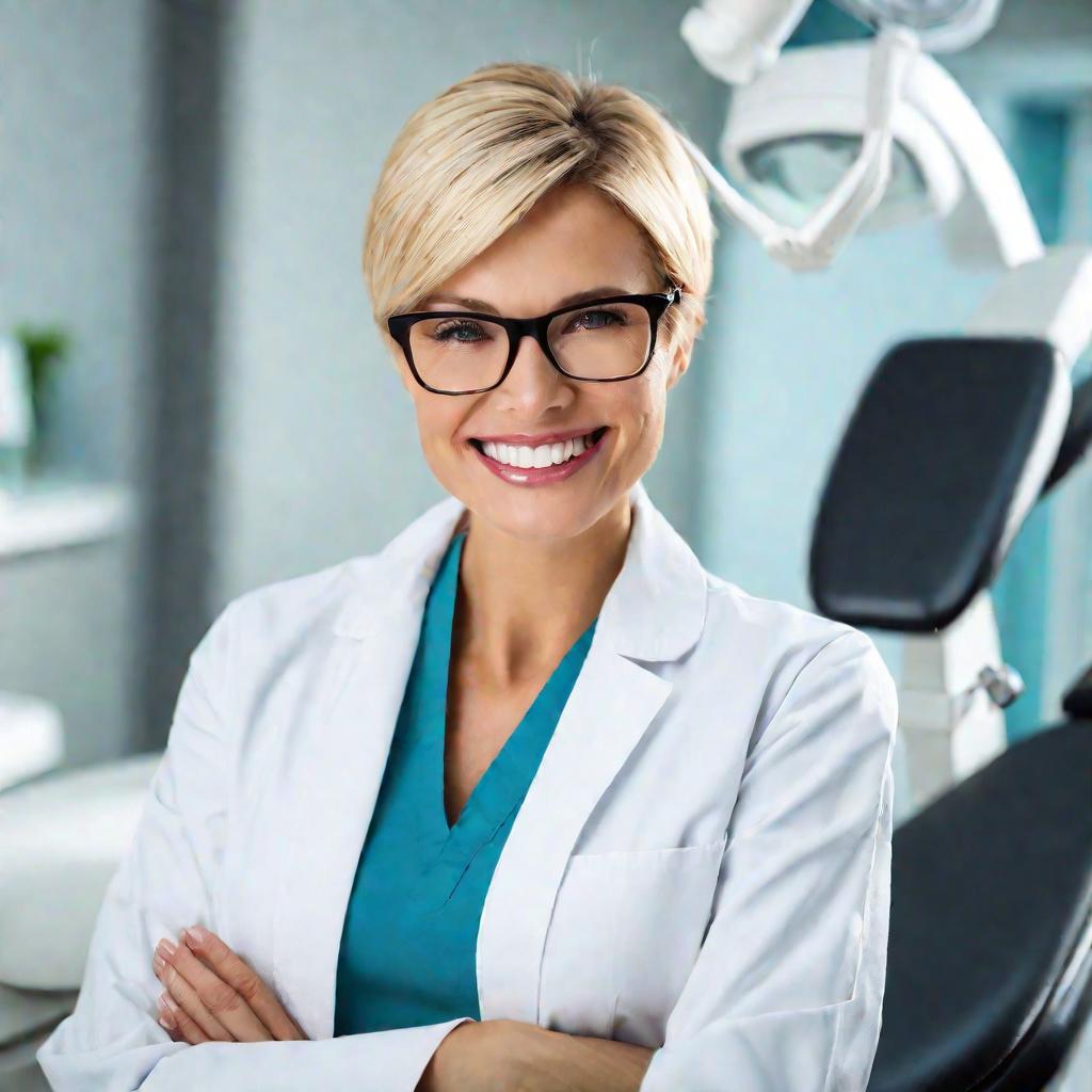 Портрет улыбающейся женщины-стоматолога.