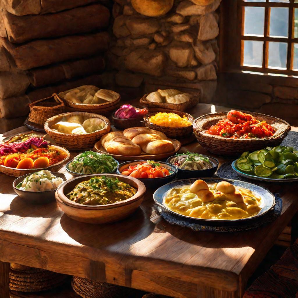 Стол, заставленный блюдами кавказской кухни