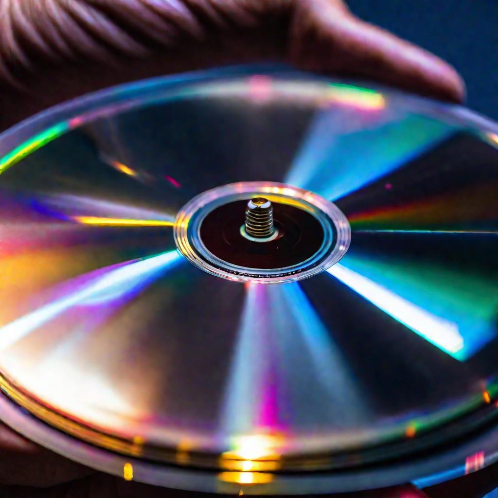 Близкий кадр руки, держащей вращающийся компакт-диск