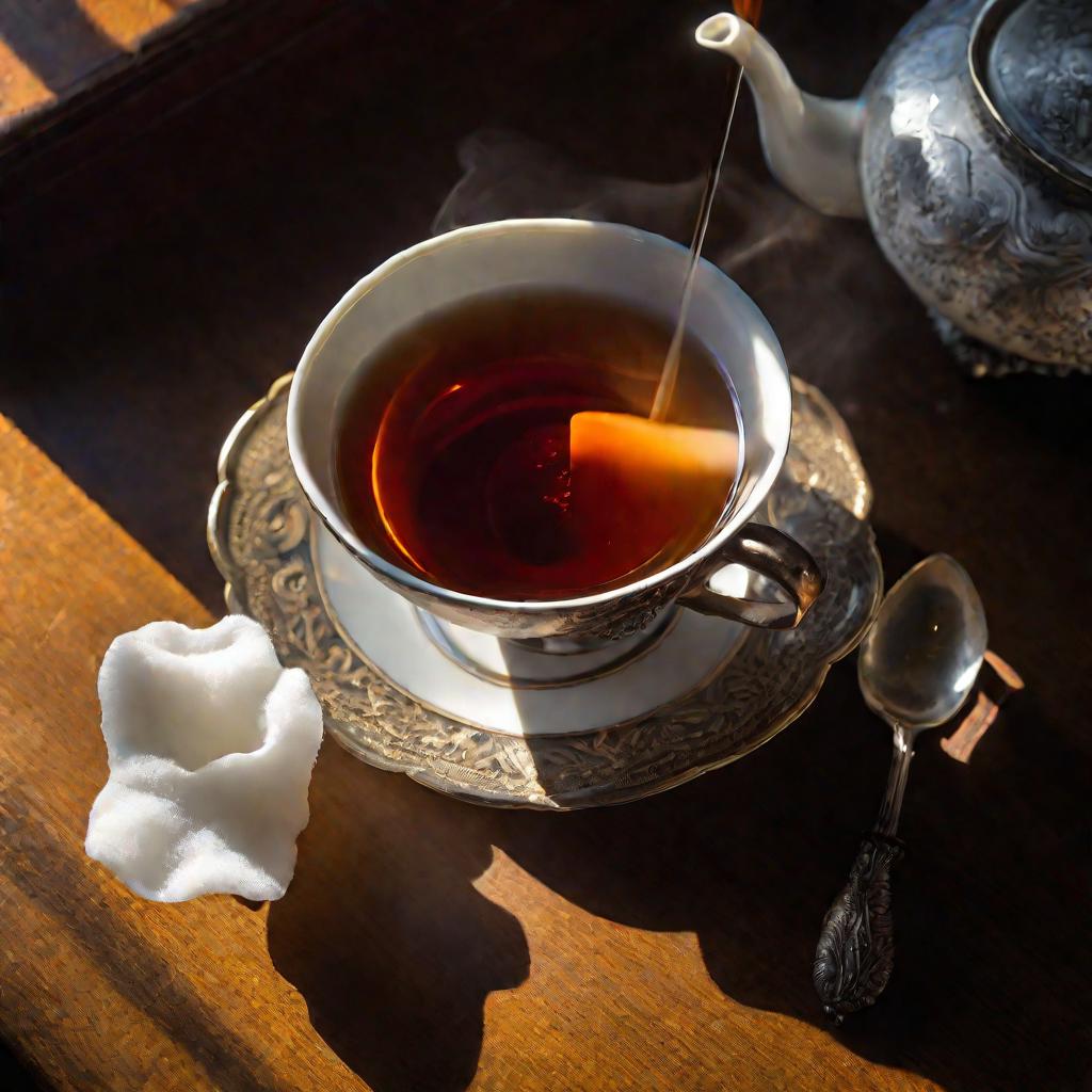 Кубик сахара растворяется в стакане чая