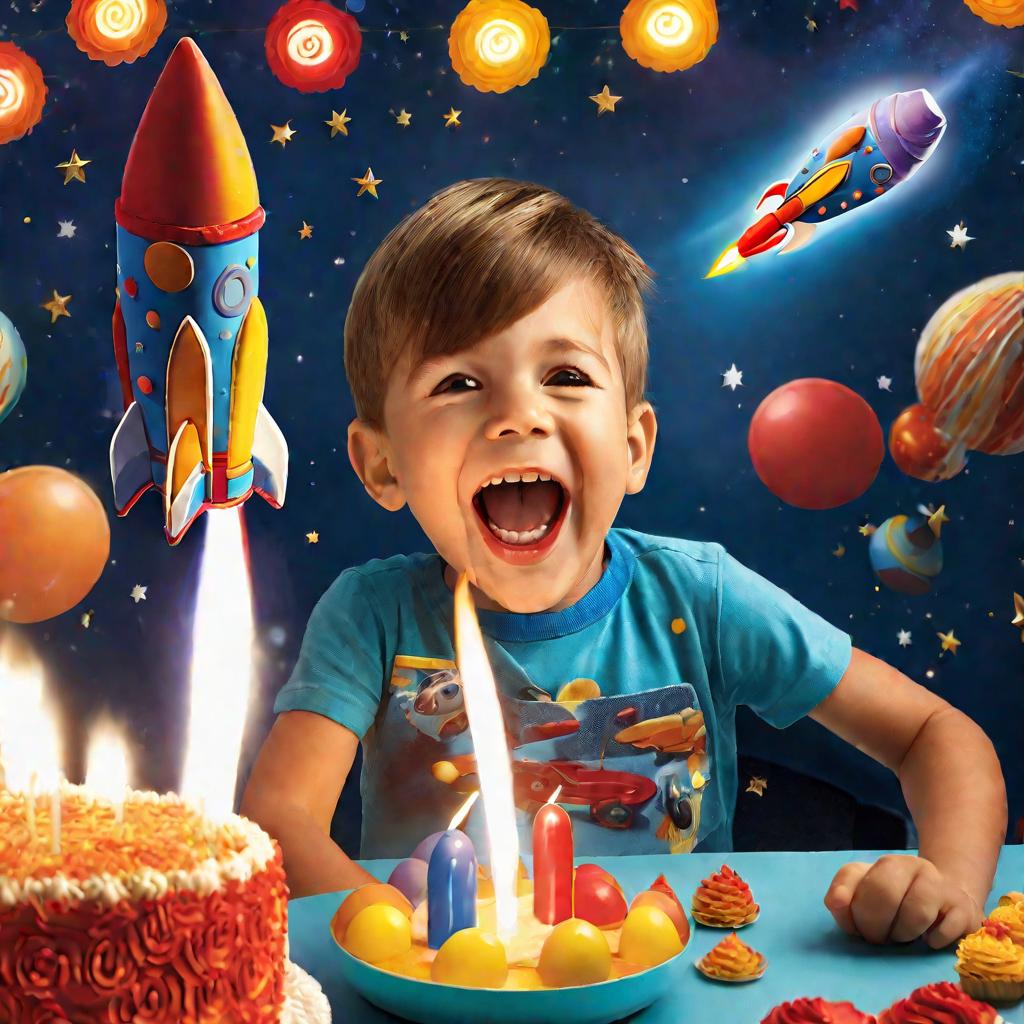 Торт ракета. Мальчик на дне рождения. Пекарь украшает торт. Ночной пуск ракеты торта.