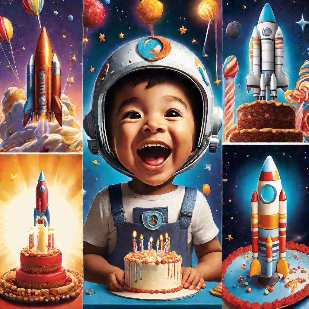 Восторженный мальчик смотрит на торт ракету. Повар украшает торт огнем. Ночной пуск торта ракеты.