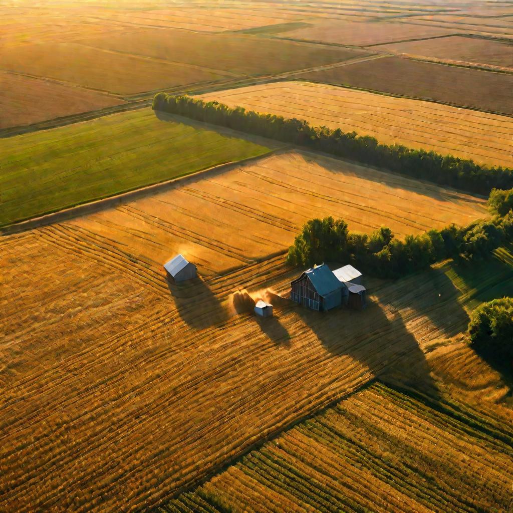 Пшеничное поле и комбайны сверху на закате