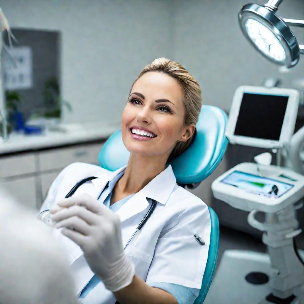 Портрет женщины-стоматолога, осматривающей пациента