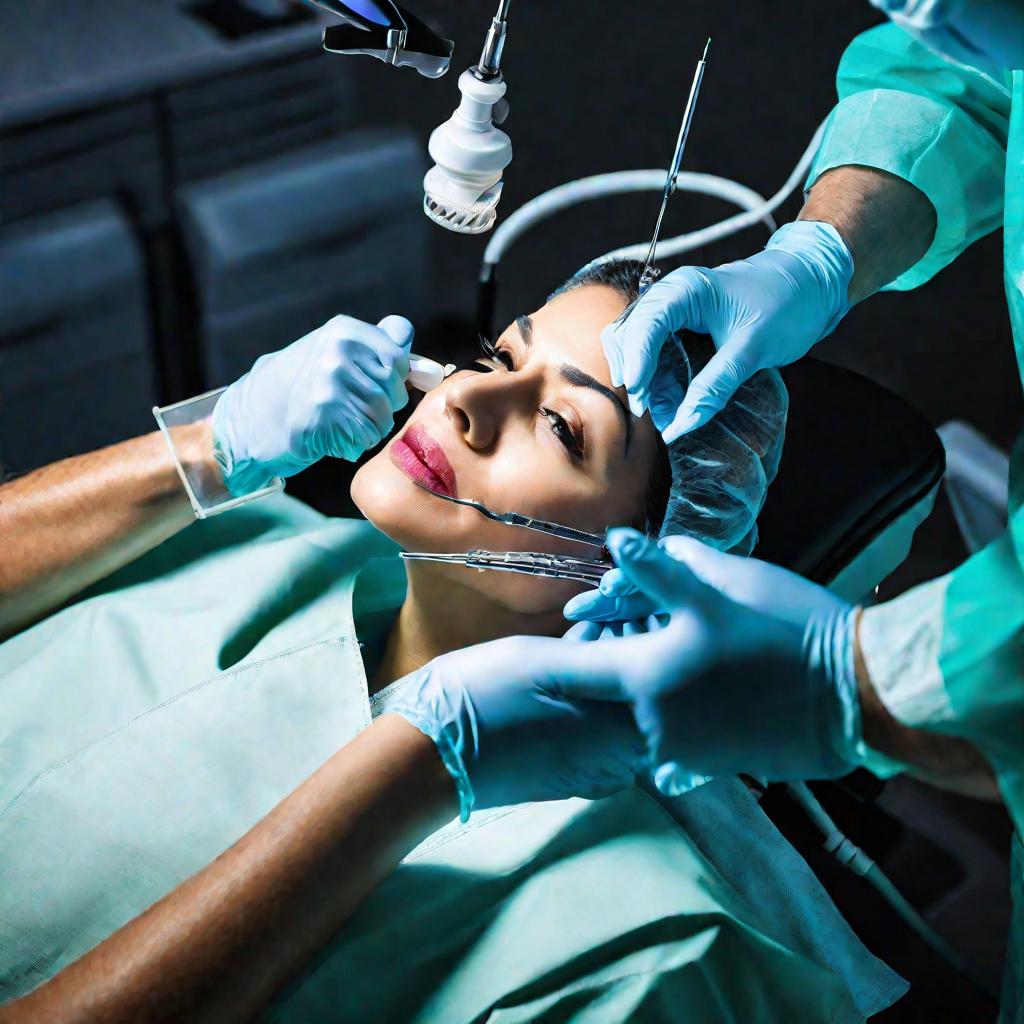Руки стоматолога в перчатках, проводящего процедуру