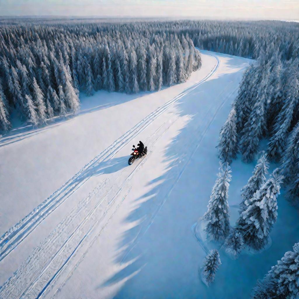 Мотоцикл Урал едет по заснеженной сибирской земле