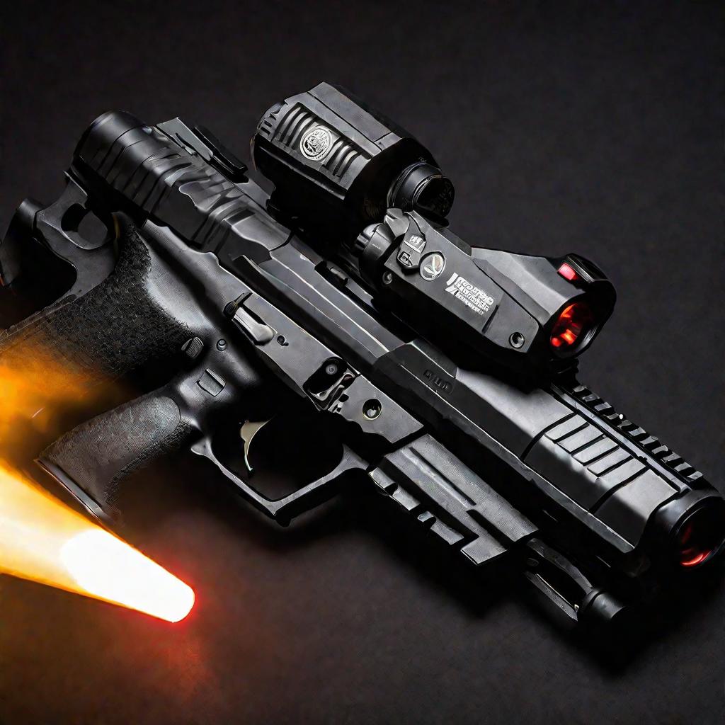 Крупный план черного полуавтоматического пистолета, закрепленного в стабилизаторе Рони с прикрепленными тактическим фонарем и лазерным целеуказателем. Сцена ровно освещена мягким студийным светом на темном фоне, чтобы подчеркнуть детали. Рифления, переклю
