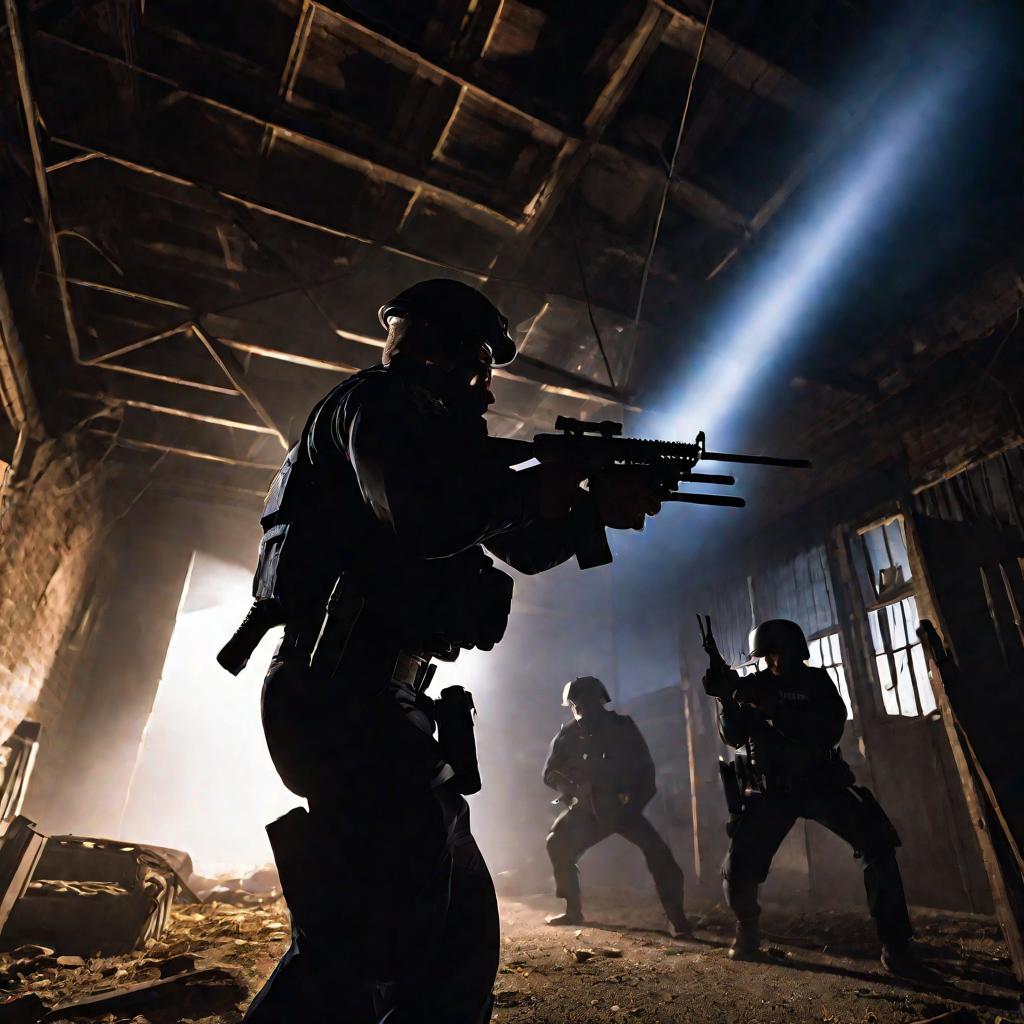 Вид снизу на полицейского с пистолетом в стабилизаторе Рони, прицеливающегося в противника ночью на складе