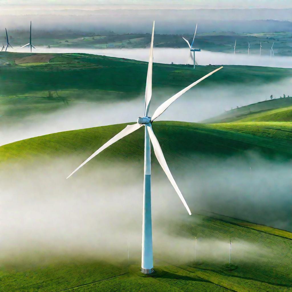Широкий слегка наклоненный сверху ракурс на одиночную ветряную турбину в зеленом поле в туманное утро. Огромная турбина сделана из белого металла, ее три длинные лопасти медленно вращаются. Туман клубится вокруг основания турбины. На заднем плане виднеютс
