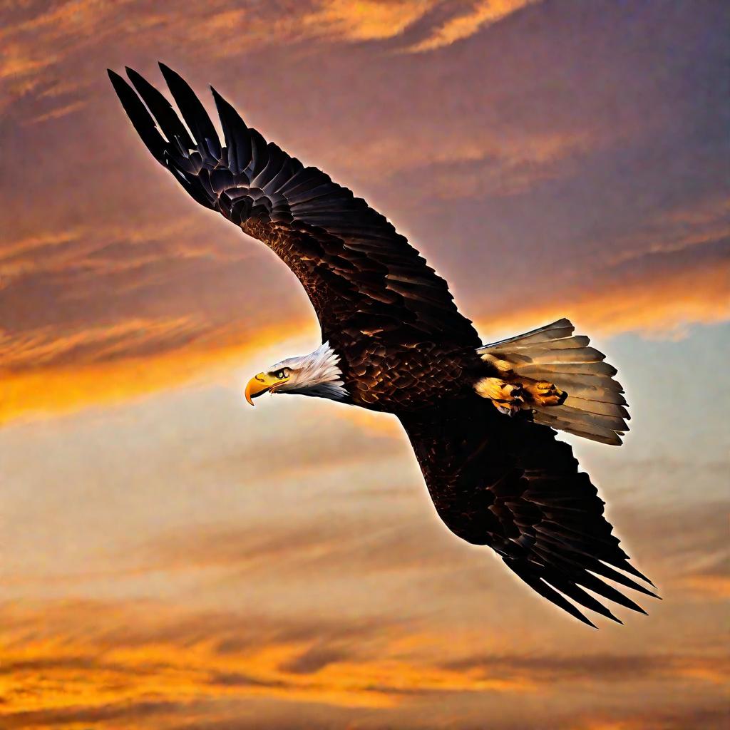 Портретный крупный план летящего белоголового орлана во время драматичного заката. Орлан расправил крылья в стороны, демонстрируя уникальную изогнутую форму перьев. Закатный свет попадает на перья снизу, заставляя их тепло светиться оттенками оранжевого и