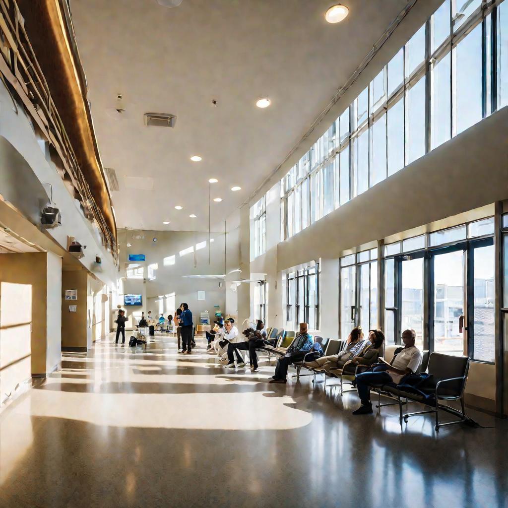 Широкий план комнаты ожидания в больнице, заполненной людьми