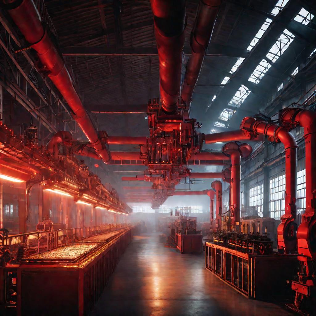 Тускло освещенный интерьер завода с роботизированными манипуляторами, собирающими сложную машину в холодной атмосфере