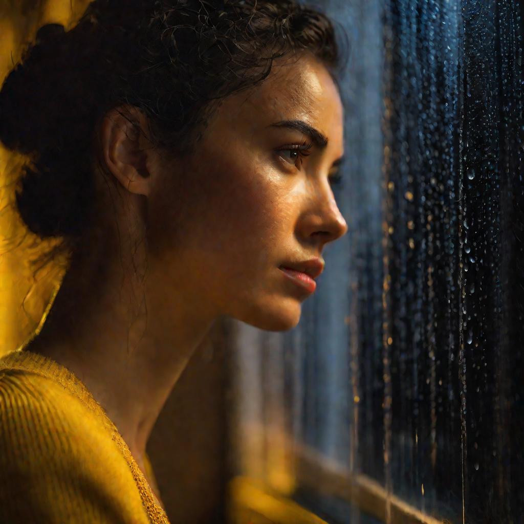 Крупным планом молодая женщина задумчиво смотрит в мокрое от дождя окно автомобиля