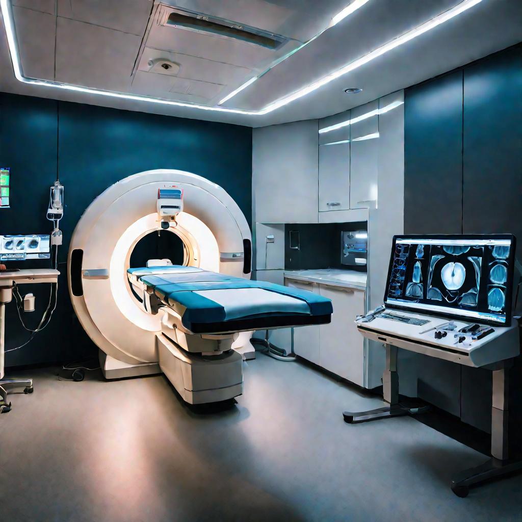 Широкий кинематографический вид современной лучевой диагностики с МРТ в поликлинике. Драматичное освещение выделяет детали оборудования. Частично виден входящий в сканер пациент.