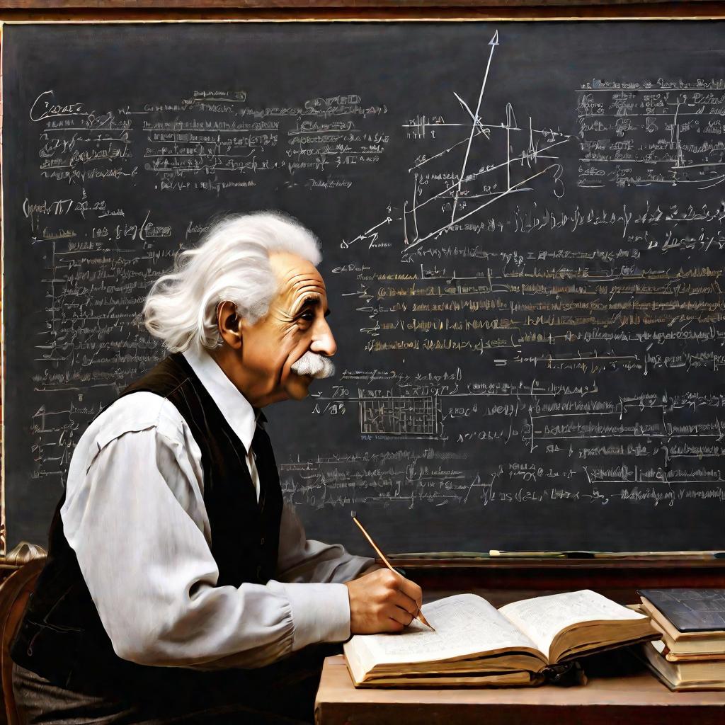 Портрет Эйнштейна, пишущего формулы на доске