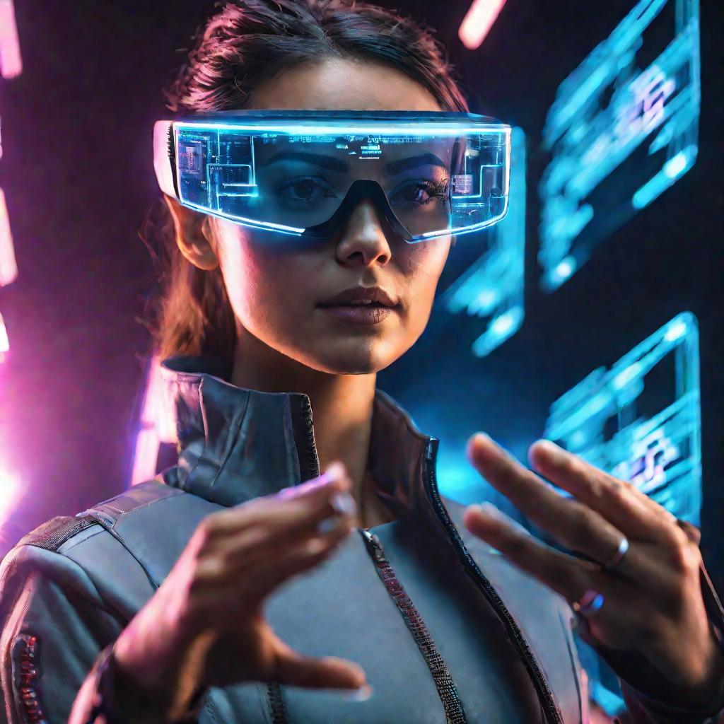 Женщина в очках дополненной реальности жестикулирует голографическими экранами, киберпанк.