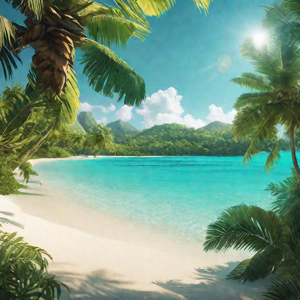 Широкий пляж с пальмами на солнечном тропическом острове.