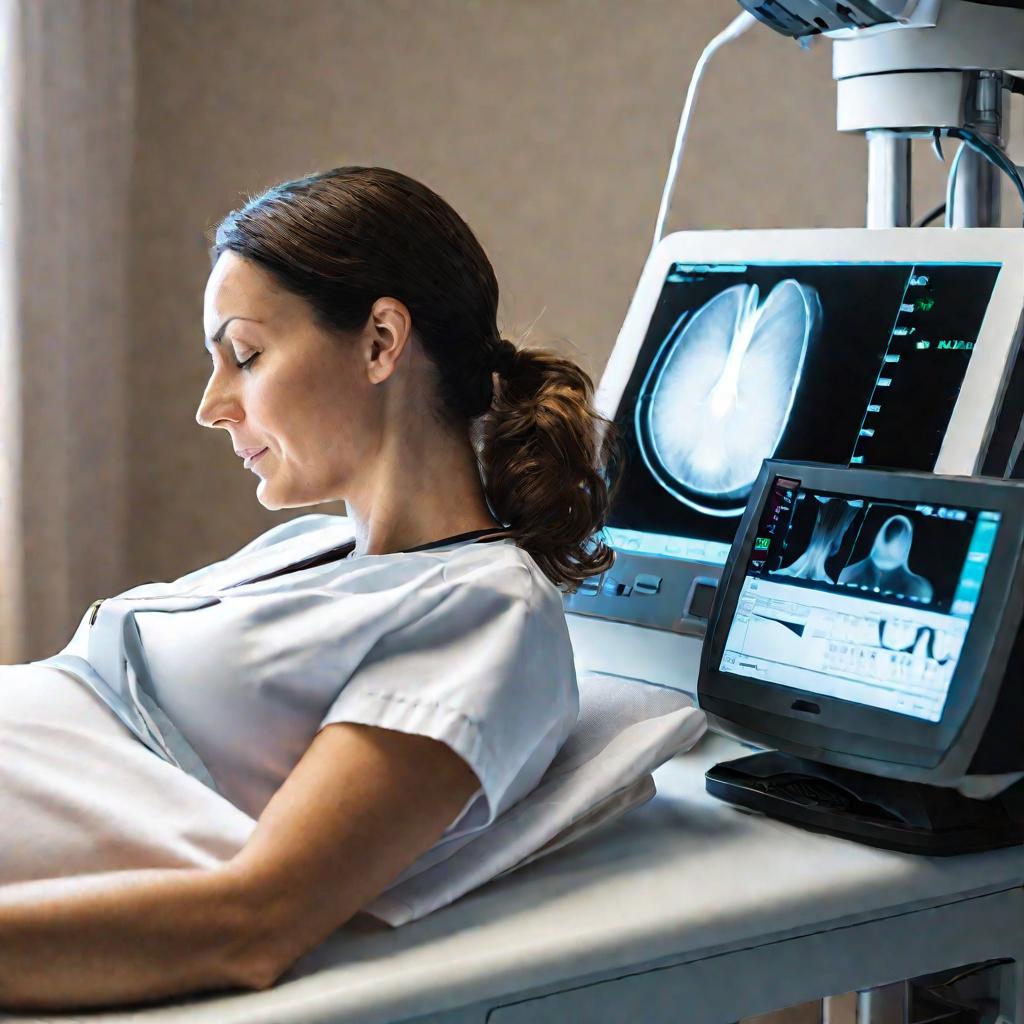 Врач проводит УЗИ беременной женщины, используя новое диагностическое оборудование поликлиники.
