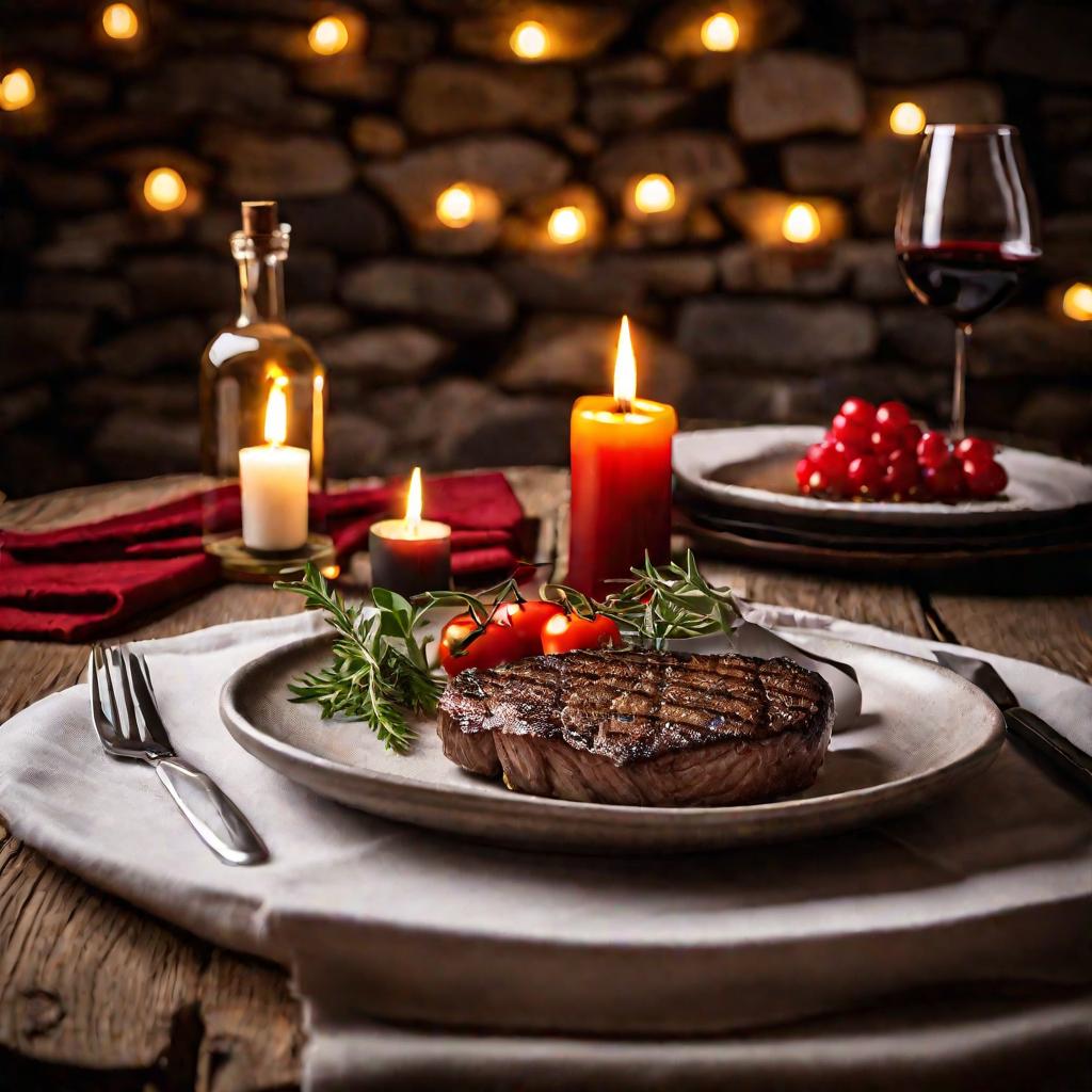 Сельский деревянный стол накрыт для романтического ужина на двоих. Небольшой круглый стол с белой скатертью, две тарелки со стейками, бутылка красного вина и горящие свечи. Салфетки и столовые приборы по обе стороны. Фон - каменная стена с теплым освещени