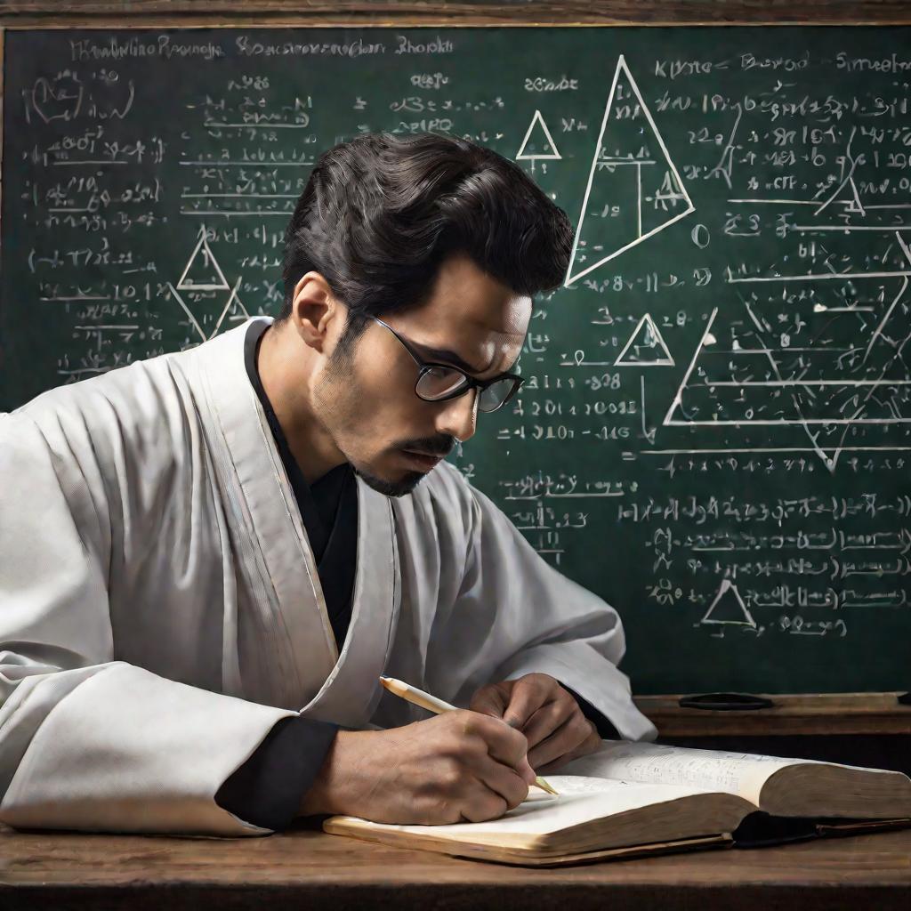 Портрет сосредоточенного мужчины, решающего на доске геометрическую задачу о площади треугольника
