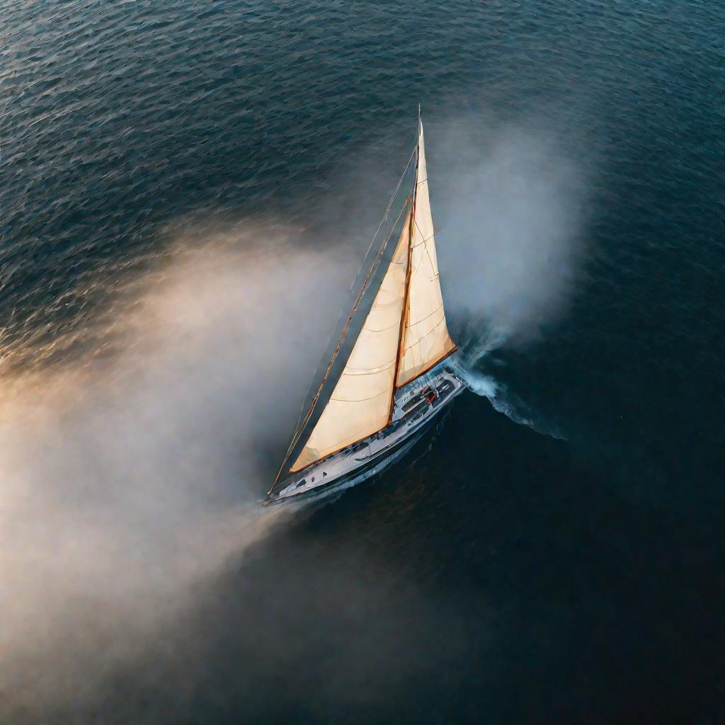 Вид сверху на треугольный парус яхты, плывущей в тумане на рассвете