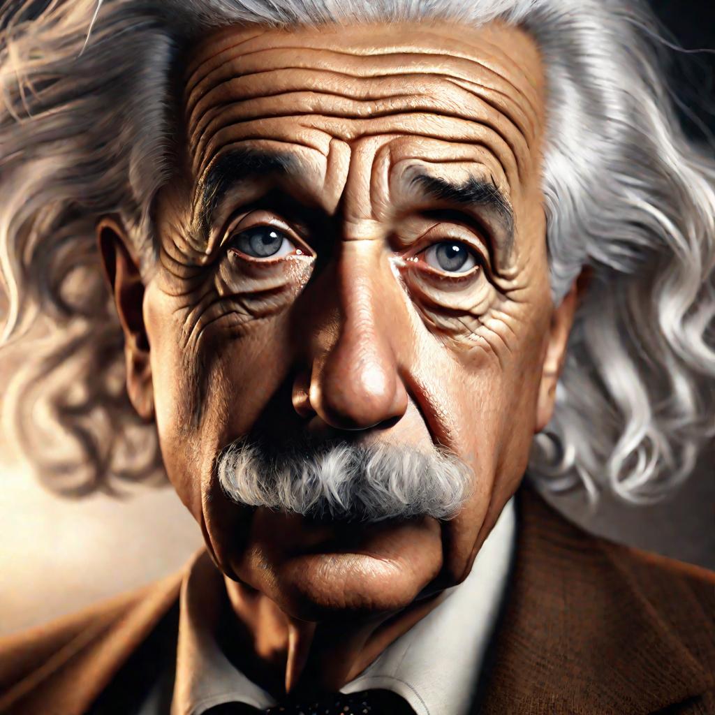 Детальный кинематографический крупный портрет задумчивого Альберта Эйнштейна в коричневом костюме, смотрящего вверх с сосредоточенным любопытным выражением лица, мягкий свет освещает мелкие морщины и волосы, фон размыт.