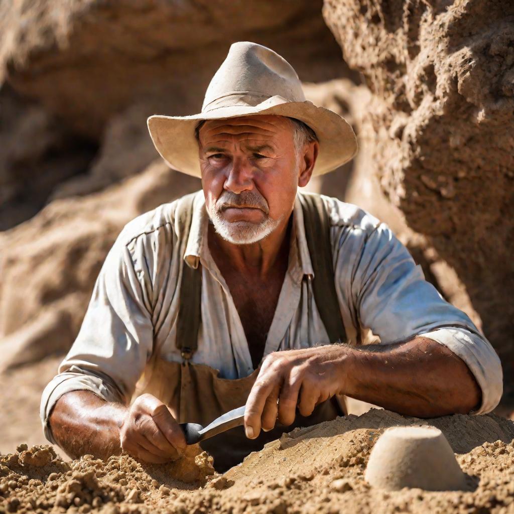 Крупный портрет археолога, сдувающего песок с древнего каменного орудия, найденного в Богаевском карьере. Его лицо сосредоточенно под загорелой шляпой. Грубо обтесанный каменный нож резко контрастирует с мелким песком.