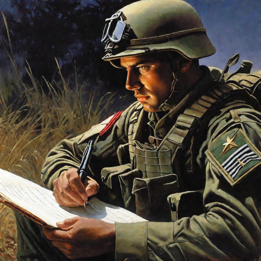 Солдат внимательно изучает письменный боевой приказ
