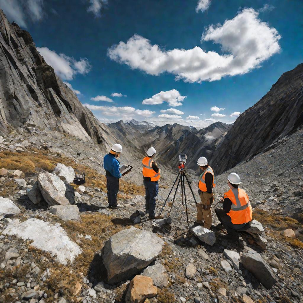 Группа геологов проводит измерения на горной местности
