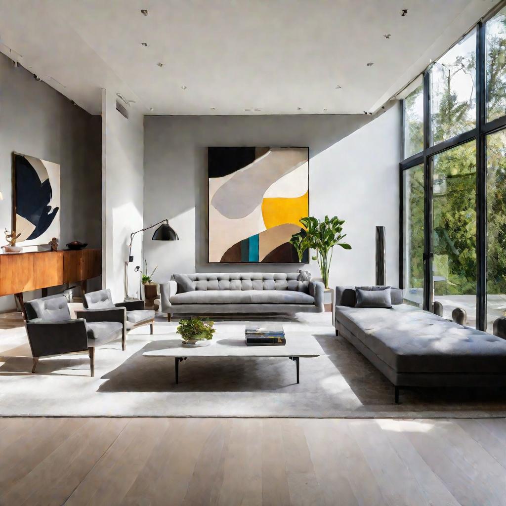 Солнечный свет в просторной гостиной в современном минималистичном стиле
