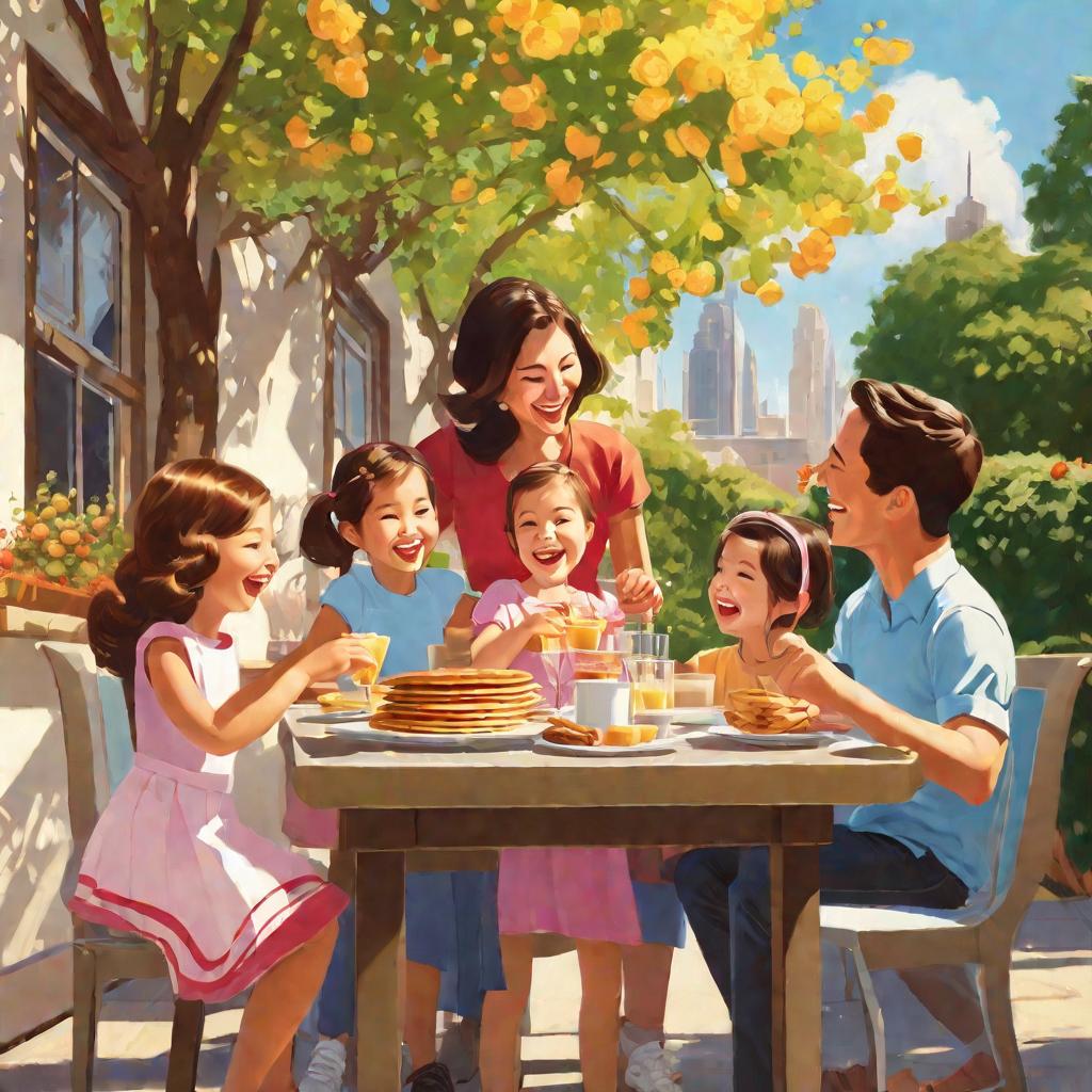 Семья завтракает на солнечной веранде
