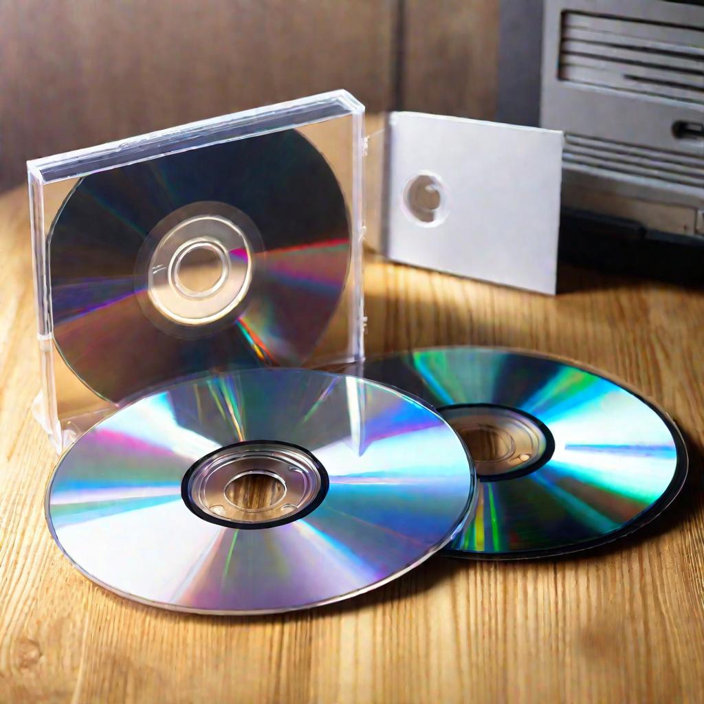 CD и DVD рядом на деревянной поверхности.