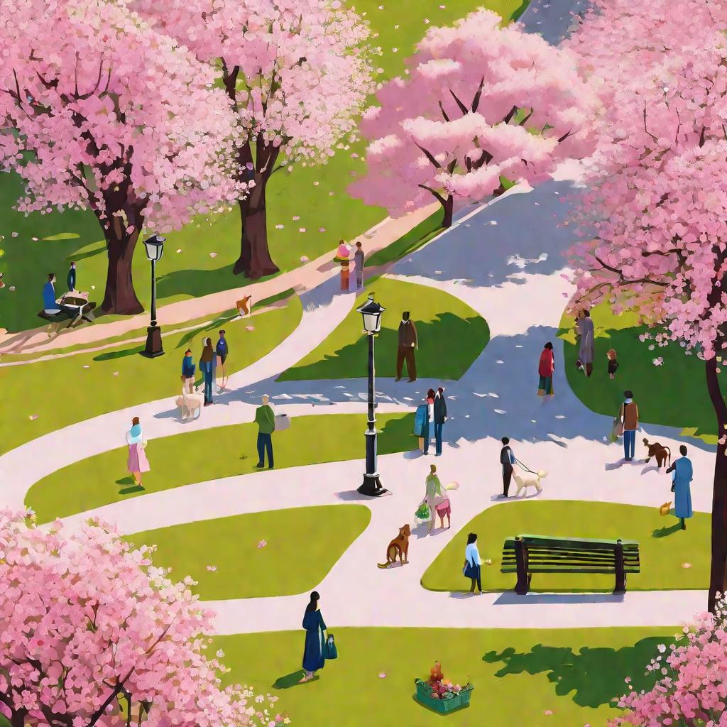 Весенний парк с цветущими деревьями