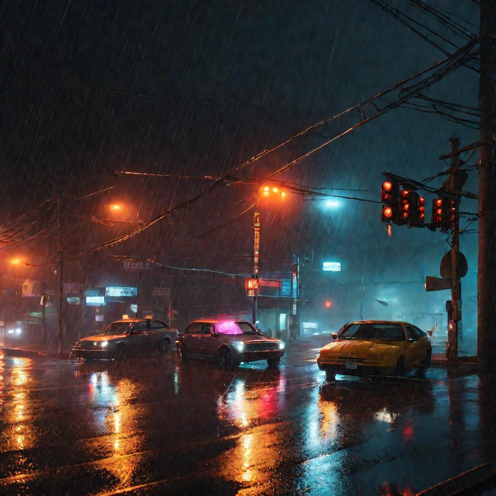 Ночной вид перекрестка в дождь