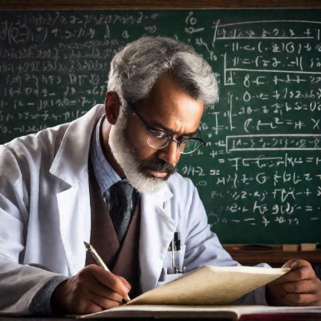 Портрет профессора, пишущего сложную формулу на доске.